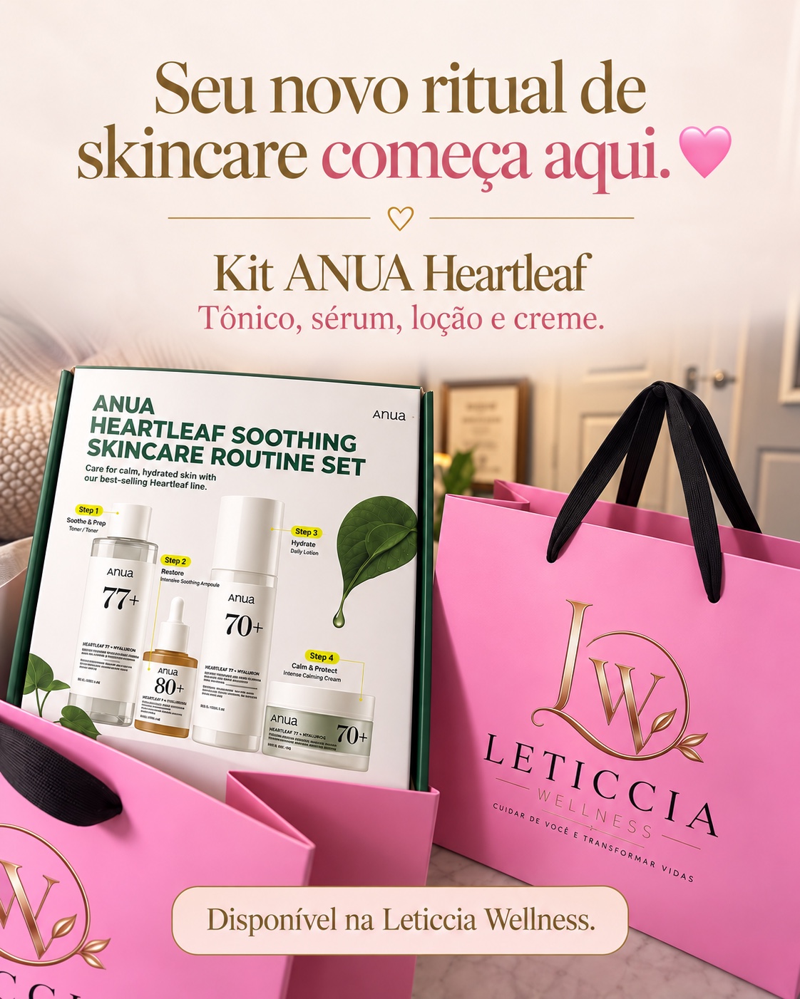 Kit Anua Heartleaf e sacolas rosas: seu novo ritual de skincare começa aqui